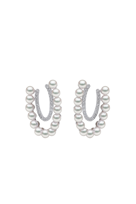 Sleek Hoop Earrings, 18k White Gold with Akoya Pearls & Diamonds